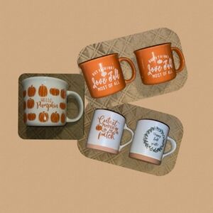 Pumpkin Themed Ceramic Mug Set - Orange and White